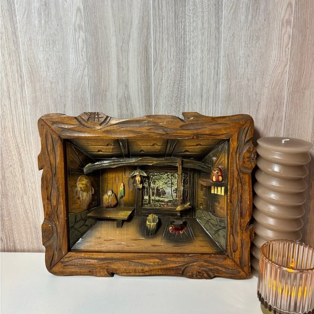 Vintage 3D Hand Carved Wooden Shadow Box Diorama Rustic Fishing Cabin Interior